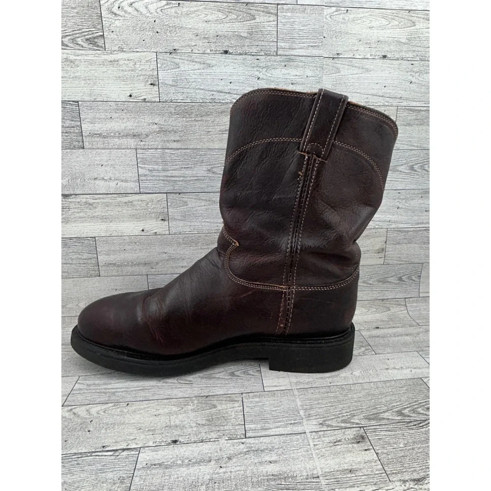 Justin Dark Brown Leather‎ Work Boots Pull On Roper Round Toe Oil Resist Men 12D
